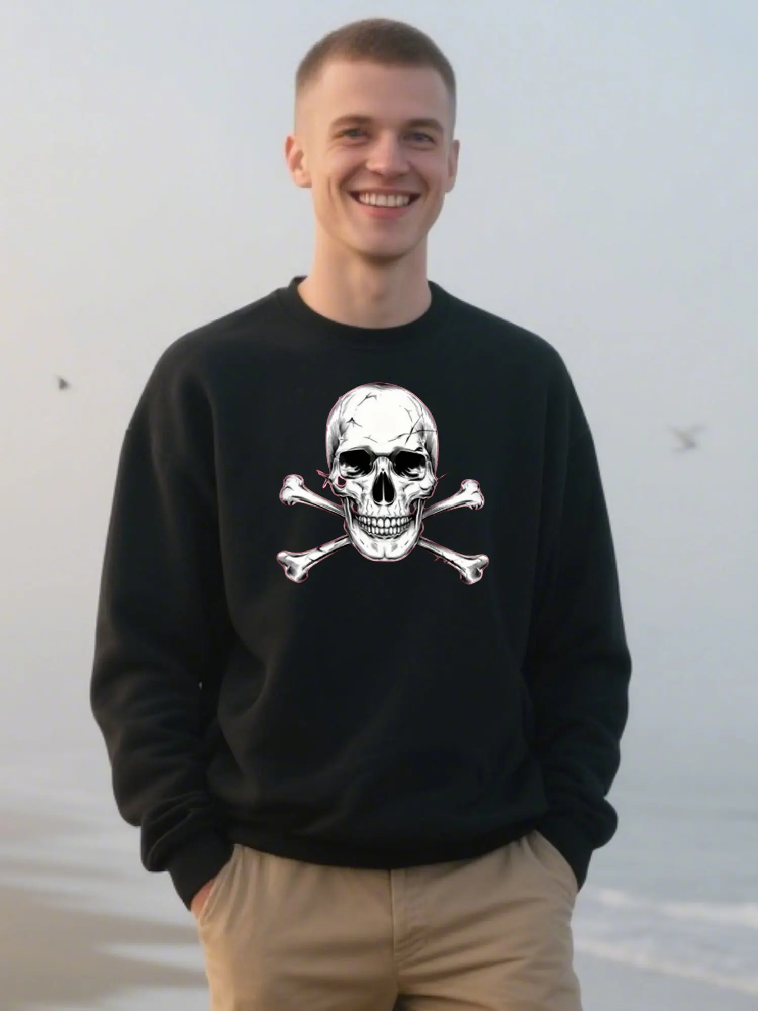 Classic Comfort Crewneck Sweatshirt With Skull And Crossbones Graphic Print, Unisex Birthday Gift Essential 
Classic Comfort Crewneck Sweatshirt With Skull And Crossbones Graphic Print, Unisex Birthday Gift Essential