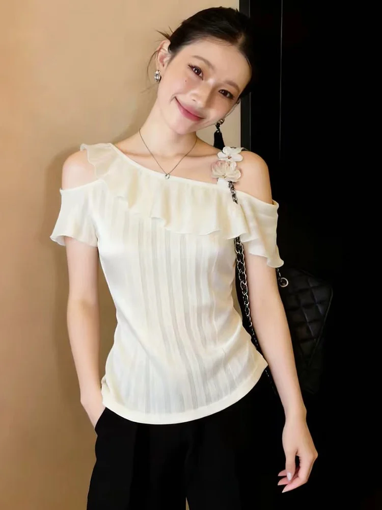 Elegant Lace Trim Shoulder Bared Short Sleeve Shirt Women's Versatile Design Summer T-Shirt Korean Style Slim Fit Commute Style
Elegant Lace Trim Shoulder Bared Short Sleeve Shirt Women's Versatile Design Summer T-Shirt Korean Style Slim Fit Commute Style