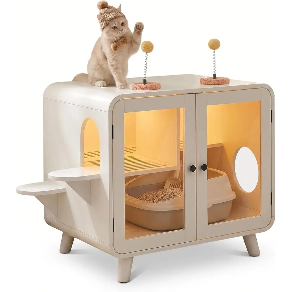 White Cat Litter Box Enclosure with Stairs, LED Light, Toys, and Glass Door for Better Viewing
White Cat Litter Box Enclosure with Stairs, LED Light, Toys, and Glass Door for Better Viewing