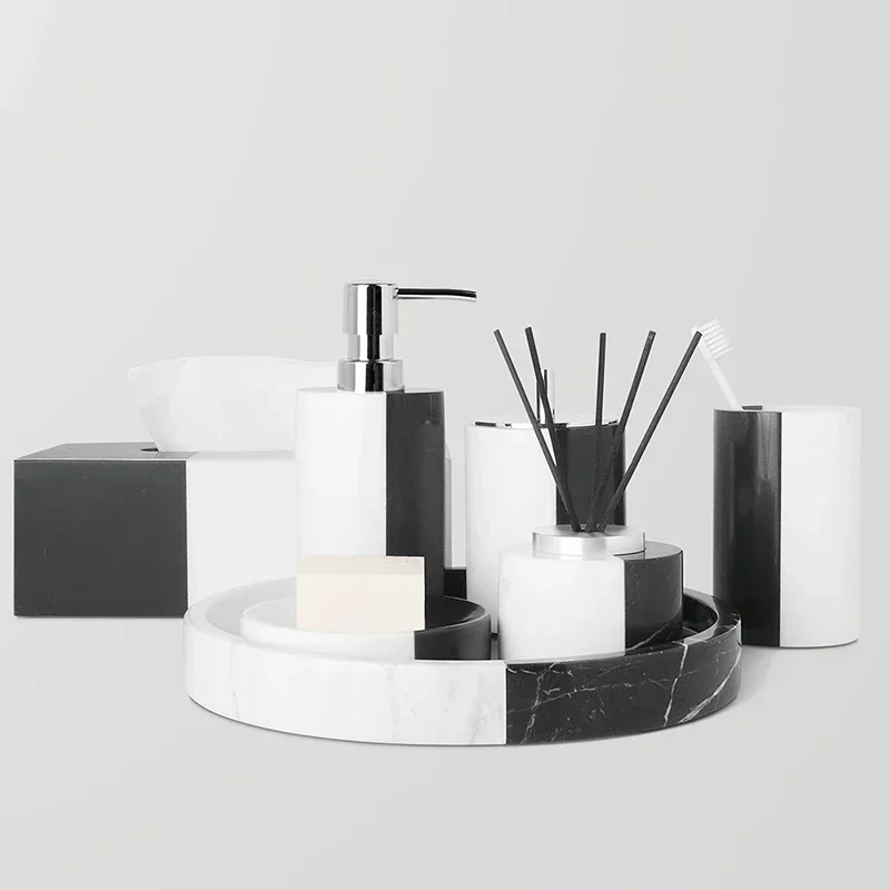 Wholesale Customized Black White Natural Marble Set Bathroom Soap Dispenser Cotton Swab Holder Toothbrush Holder Dish Tray
Wholesale Customized Black White Natural Marble Set Bathroom Soap Dispenser Cotton Swab Holder Toothbrush Holder Dish Tray