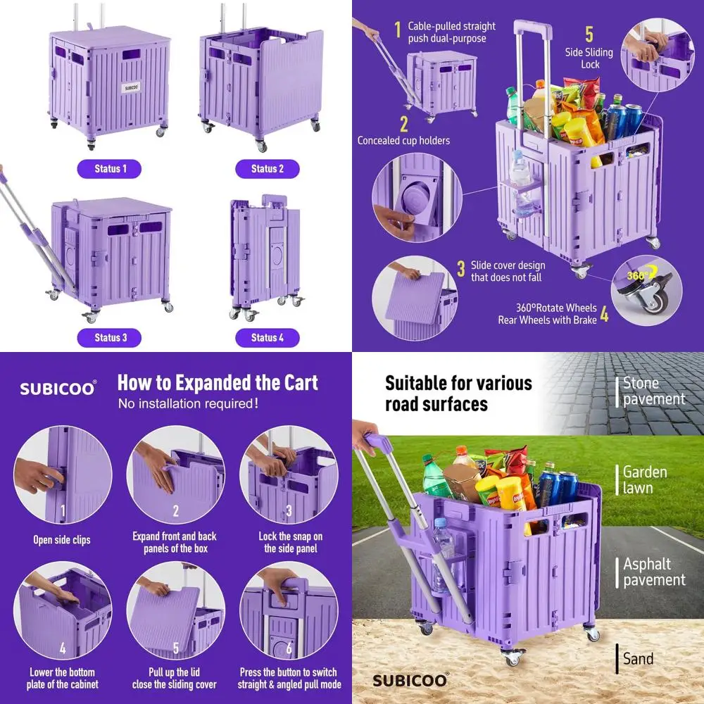 Портативная складная универсальная тележка с вращающимися колесами, складная тележка для хранения покупок, офиса и домашнего использования (фиолетовая)
Портативная складная универсальная тележка с вращающимися колесами, складная тележка для хранения покупок, офиса и домашнего использования (фиолетовая)