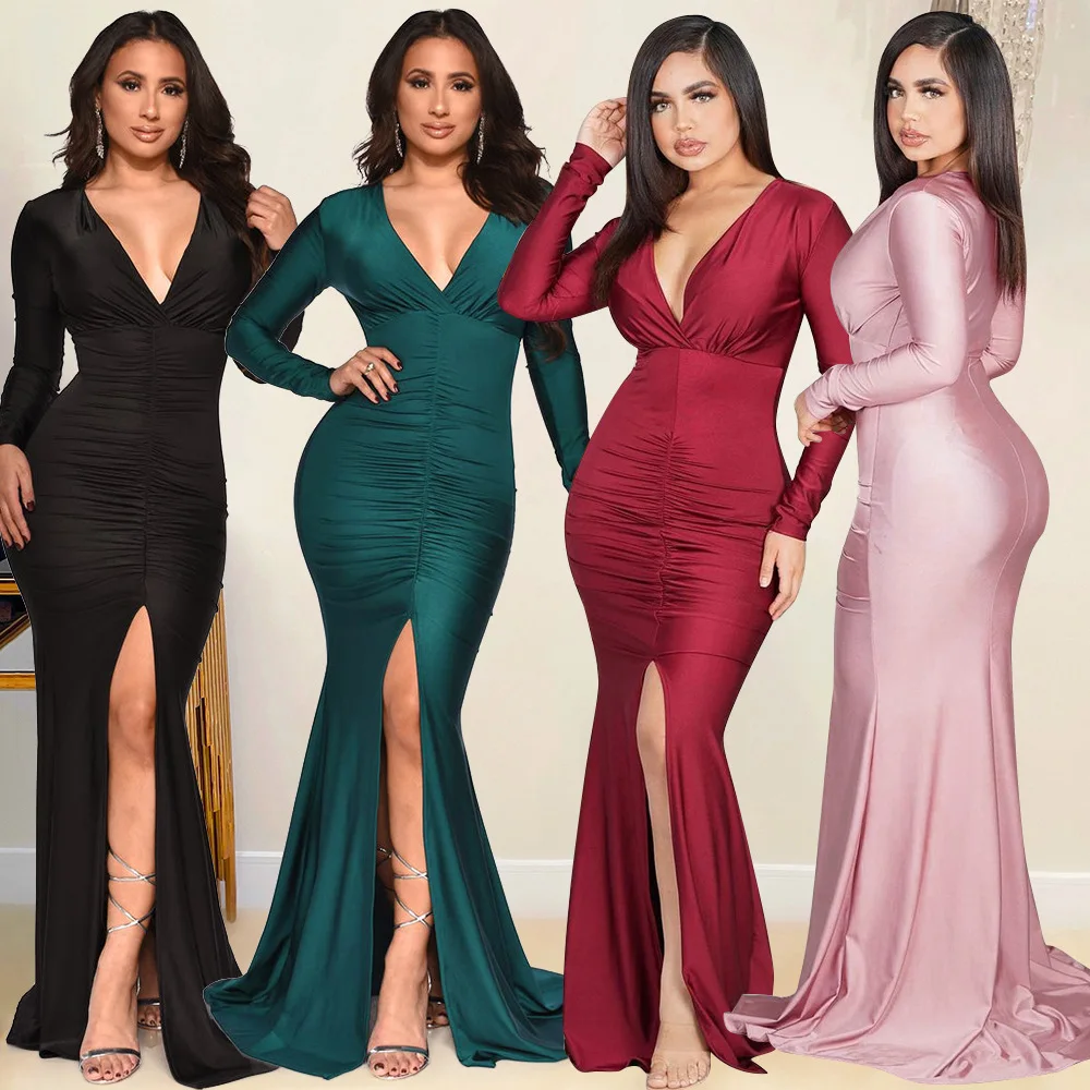 Tilorraine New women fashion sexy tight V-neck long sleeve split fishtail dress for women sexy black dress European and American
Tilorraine New women fashion sexy tight V-neck long sleeve split fishtail dress for women sexy black dress European and American