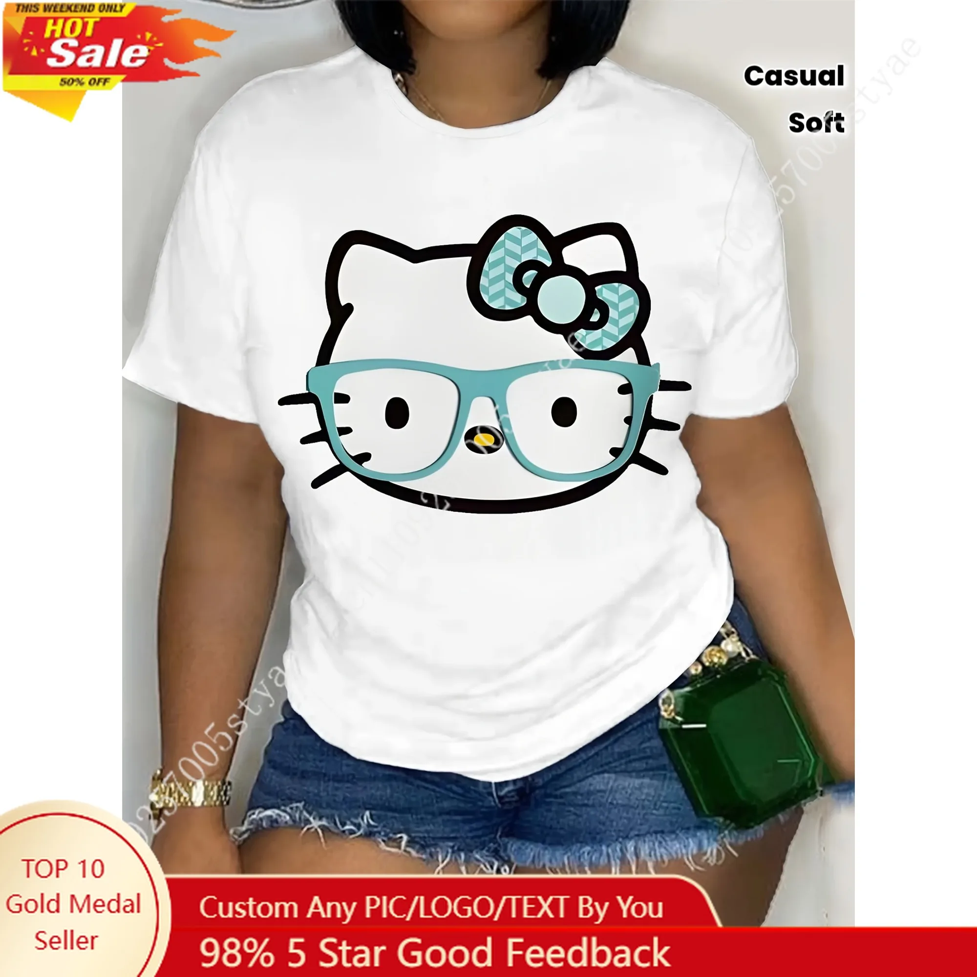 Sanrio Hello Kitty Vibrant Print Glasses Cartoon Pattern Women's T-Shirt Soft Casual Short Sleeve Tee White with Blue
Sanrio Hello Kitty Vibrant Print Glasses Cartoon Pattern Women's T-Shirt Soft Casual Short Sleeve Tee White with Blue