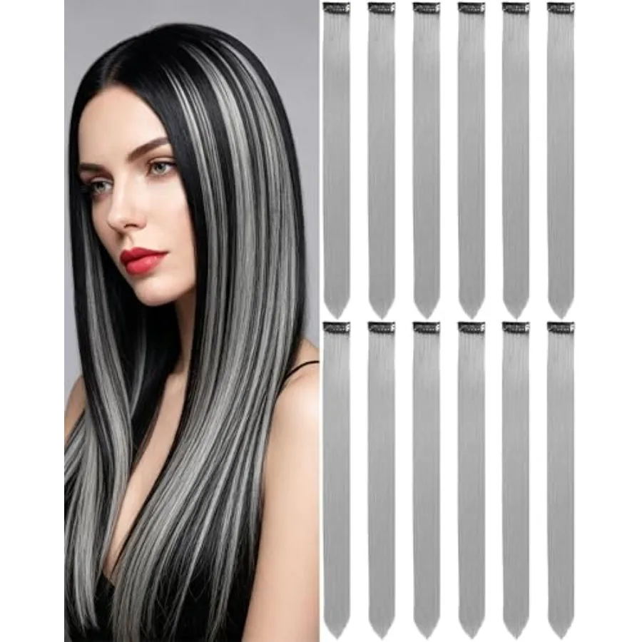 12 PCS Grey Hair Extensions Clip in, 22 Inch Colored Hair Extensions Party Highlights Long Straight Synthetic Hairpieces for Wo
12 PCS Grey Hair Extensions Clip in, 22 Inch Colored Hair Extensions Party Highlights Long Straight Synthetic Hairpieces for Wo