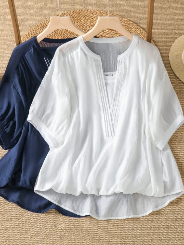 Lightweight V-Neck Linen Shirt Women's Loose Fit Short Sleeve Casual Style Summer Top plus Size Meat Concealing White Blouse
Lightweight V-Neck Linen Shirt Women's Loose Fit Short Sleeve Casual Style Summer Top plus Size Meat Concealing White Blouse