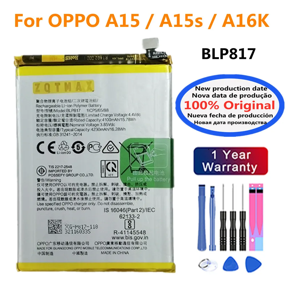 New BLP817 Original Battery For OPPO A15 A15s A16K 4230mAh Mobile Phone Replacement Battery Bateria In Stock + Tools
New BLP817 Original Battery For OPPO A15 A15s A16K 4230mAh Mobile Phone Replacement Battery Bateria In Stock + Tools