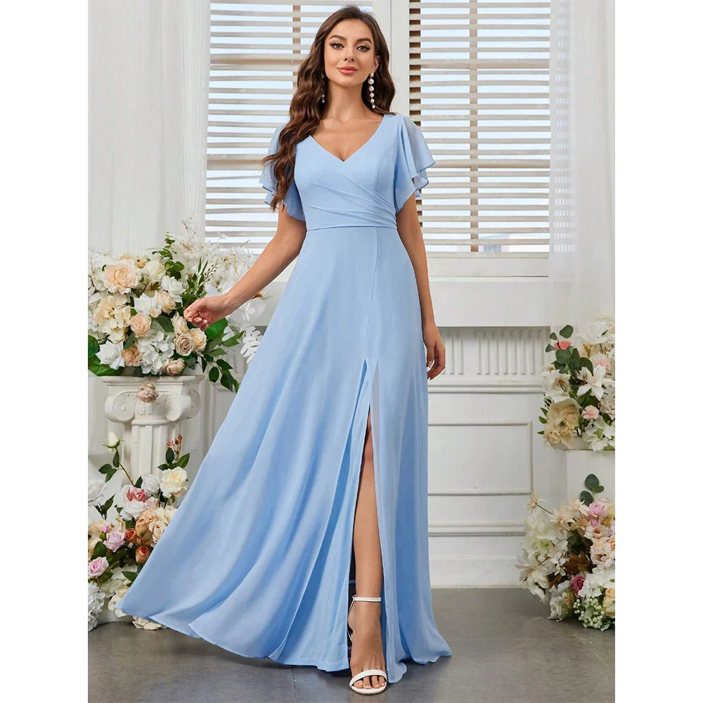 Blue Long Chiffon Bridesmaid Dresses for Women V Neck Elegant Ruffle Sleeves A Line Side Slit Guest Evening Gowns Customized
Blue Long Chiffon Bridesmaid Dresses for Women V Neck Elegant Ruffle Sleeves A Line Side Slit Guest Evening Gowns Customized