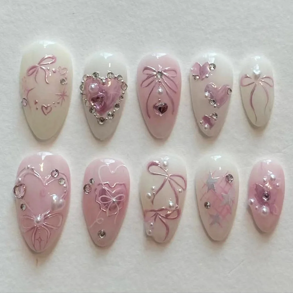 24pcs Short Almond Wearable False Nail Tips Lines Bow Rhinestones Design Fake Nail Art Cute Pink Love Pearl Press on Nails Set
24pcs Short Almond Wearable False Nail Tips Lines Bow Rhinestones Design Fake Nail Art Cute Pink Love Pearl Press on Nails Set