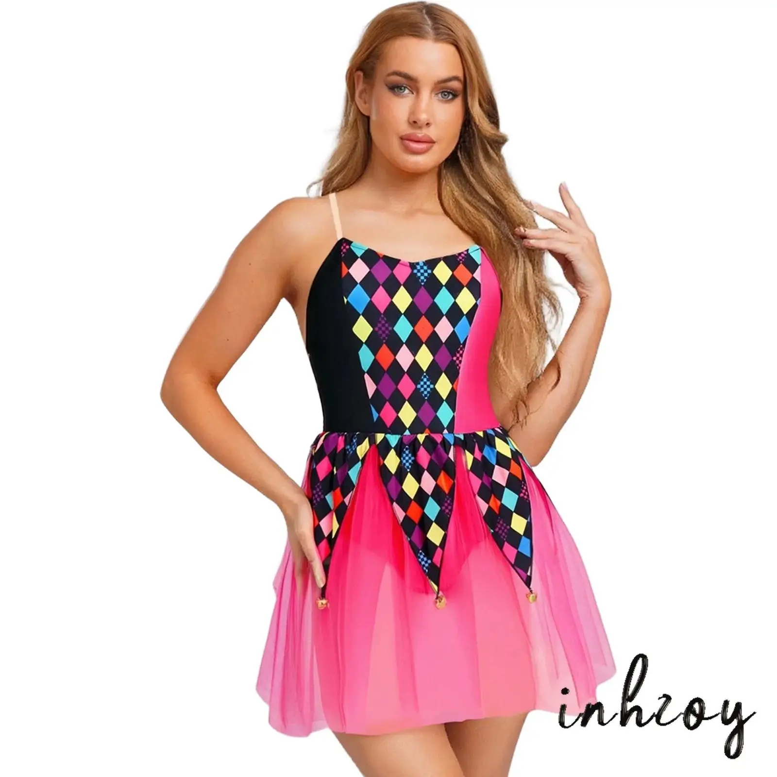 Playful Womens Halloween Clown Costume Argyle Patchwork Dress with Jingle Bells And Tulle Underskirt Circus Party Dress
Playful Womens Halloween Clown Costume Argyle Patchwork Dress with Jingle Bells And Tulle Underskirt Circus Party Dress
