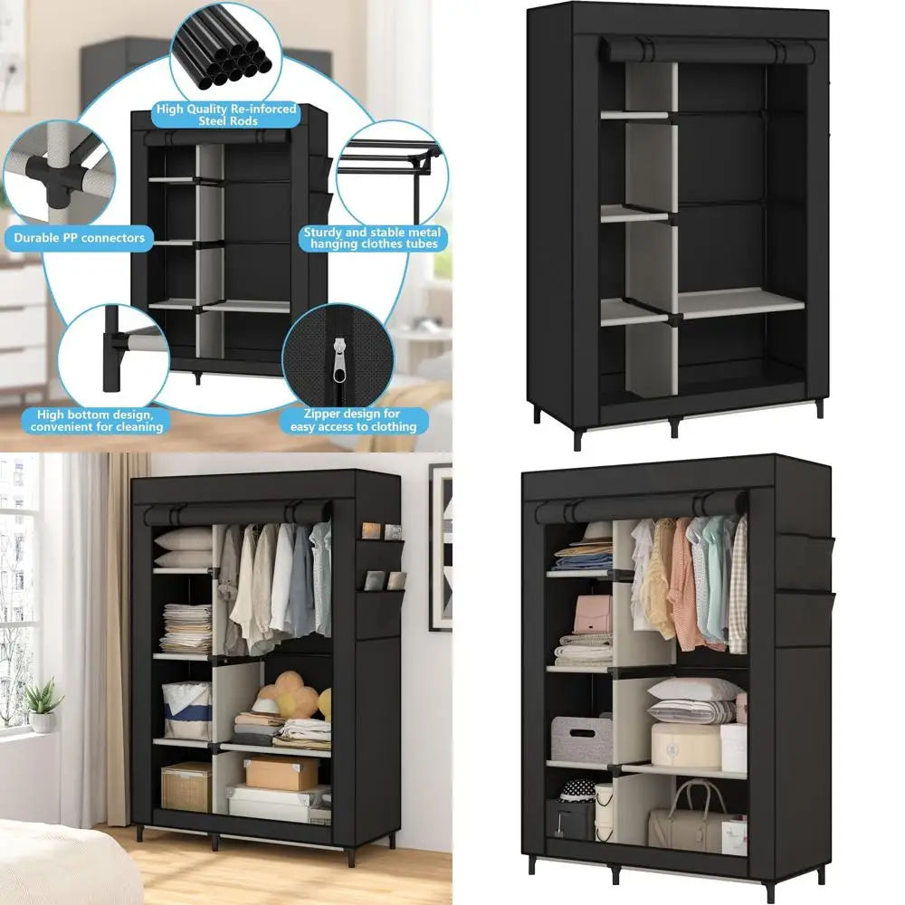 6-Shelf Portable Wardrobe Organizer with Hanging Rod, Non-Woven Fabric, 4 Pockets, Black
6-Shelf Portable Wardrobe Organizer with Hanging Rod, Non-Woven Fabric, 4 Pockets, Black