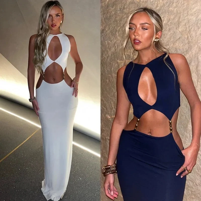 Sexy Waist Baring Slim Fit Hollow Out Dress Sleeveless Vest Solid Color Round Neck Long Skirt New Summer Lady Holiday Party Gown
Sexy Waist Baring Slim Fit Hollow Out Dress Sleeveless Vest Solid Color Round Neck Long Skirt New Summer Lady Holiday Party Gown