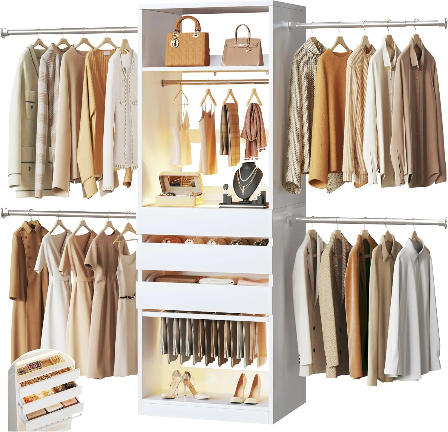 Closet System, 4-8FT Closet Organizer with 3 Wood Drawers & Glass Top, 102'' Walk in Closet with 5 Hang Rods & LED Lights
Closet System, 4-8FT Closet Organizer with 3 Wood Drawers & Glass Top, 102'' Walk in Closet with 5 Hang Rods & LED Lights