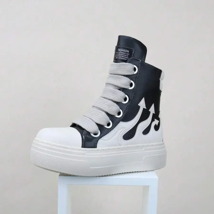 Black White Round Toe Platform High Top Casual Sneakers With Flame Pattern Thick Laces Unisex Street Style Chunky Shoes
Black White Round Toe Platform High Top Casual Sneakers With Flame Pattern Thick Laces Unisex Street Style Chunky Shoes