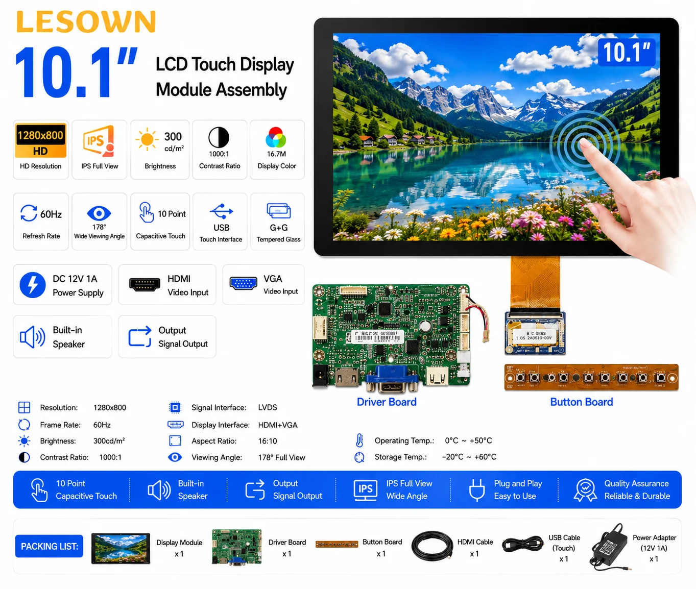 LESOWN 10.1" 1280x800 Capacitive Assembly Instant Activation Tempered Glass Monitor Táctil for Automation
LESOWN 10.1" 1280x800 Capacitive Assembly Instant Activation Tempered Glass Monitor Táctil for Automation