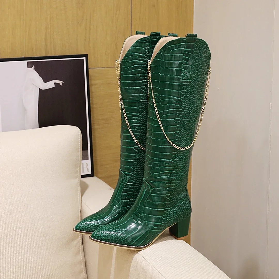 Retro Stone Pattern Metal Chain Western Cowboy Boots & Pointed Square Heel Elevated Knight Boots Sexy Women's Boots 33&46
Retro Stone Pattern Metal Chain Western Cowboy Boots & Pointed Square Heel Elevated Knight Boots Sexy Women's Boots 33&46