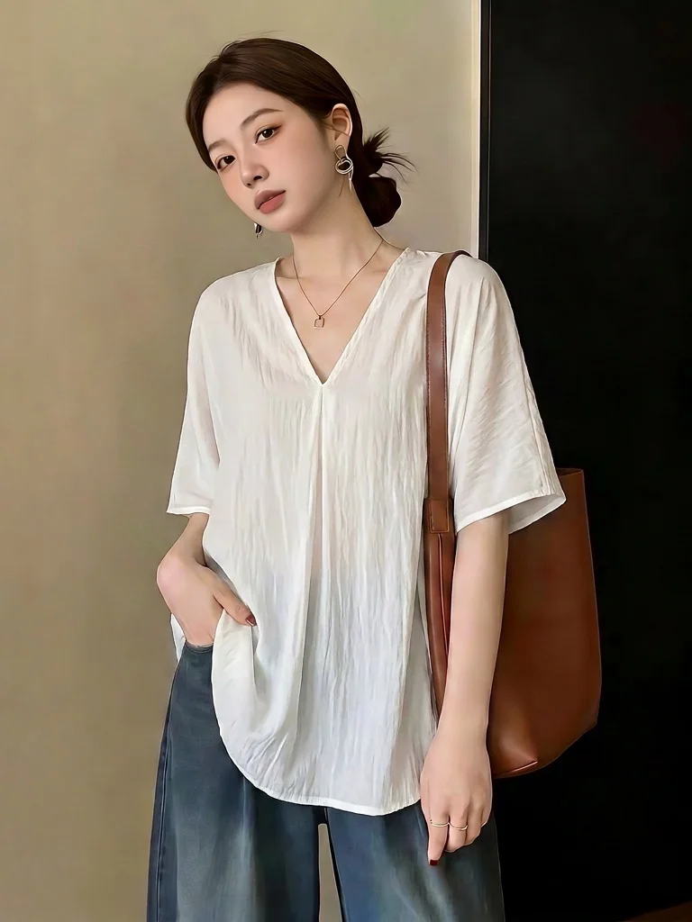 Elegant Thin Short Sleeve V-Neck Shirt Women's plus Size Mid-Length Top Korean Style Commute Fashion Regular Fit Summer New
Elegant Thin Short Sleeve V-Neck Shirt Women's plus Size Mid-Length Top Korean Style Commute Fashion Regular Fit Summer New