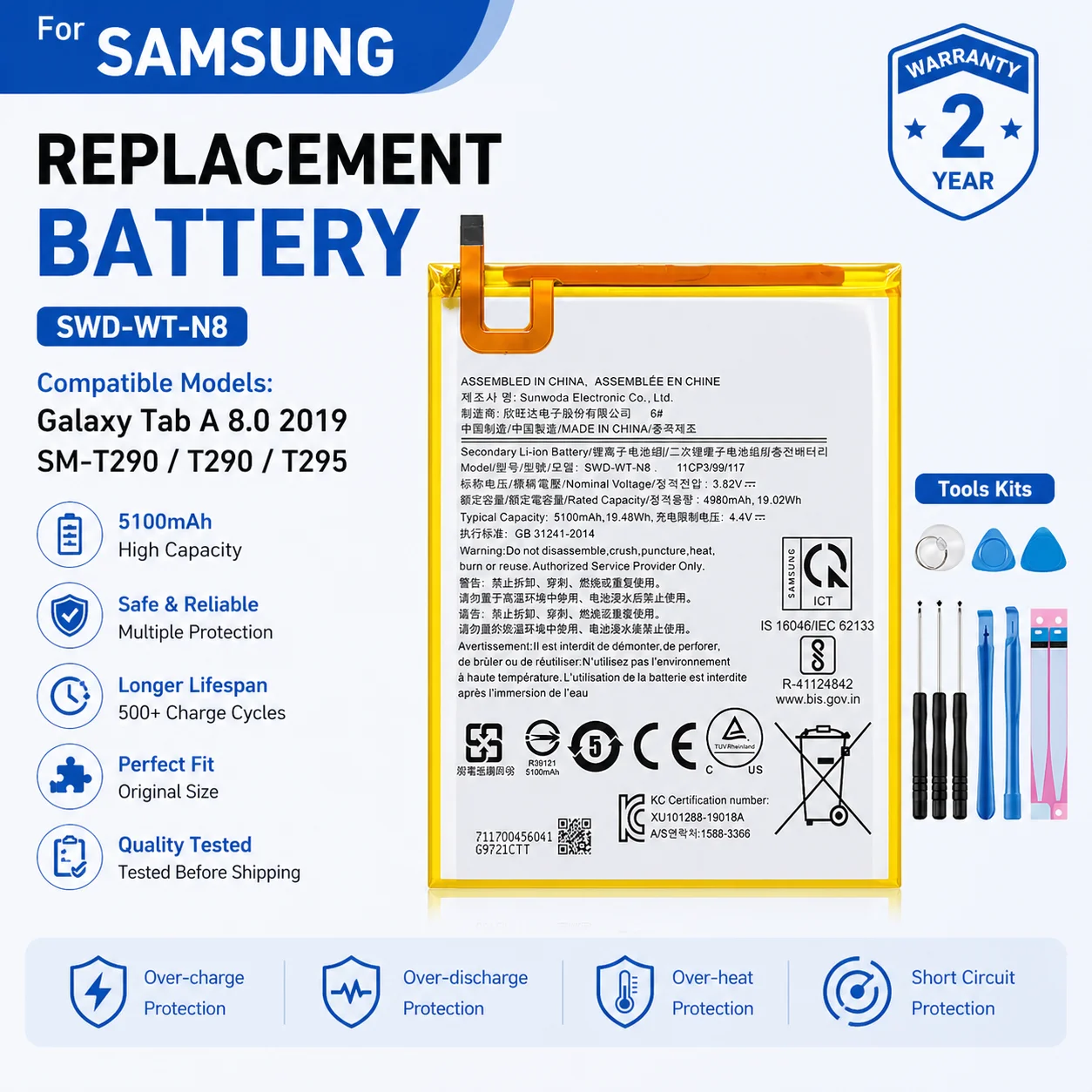 5100mAh SWD-WT-N8 Replacement Battery For Samsung Galaxy Tab A 8.0 2019 SM-T290 SM-T295 Tablet Battery With Tools
5100mAh SWD-WT-N8 Replacement Battery For Samsung Galaxy Tab A 8.0 2019 SM-T290 SM-T295 Tablet Battery With Tools