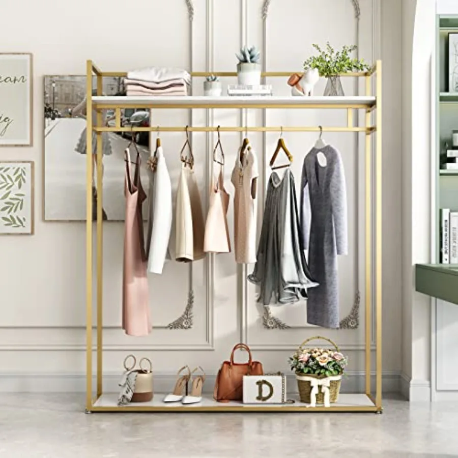 Heavy Duty Gold Clothing Rack with Shelves for Hanging Clothing, Gold Metal Freestanding Garment Rack for Retail Display 59" L
Heavy Duty Gold Clothing Rack with Shelves for Hanging Clothing, Gold Metal Freestanding Garment Rack for Retail Display 59" L