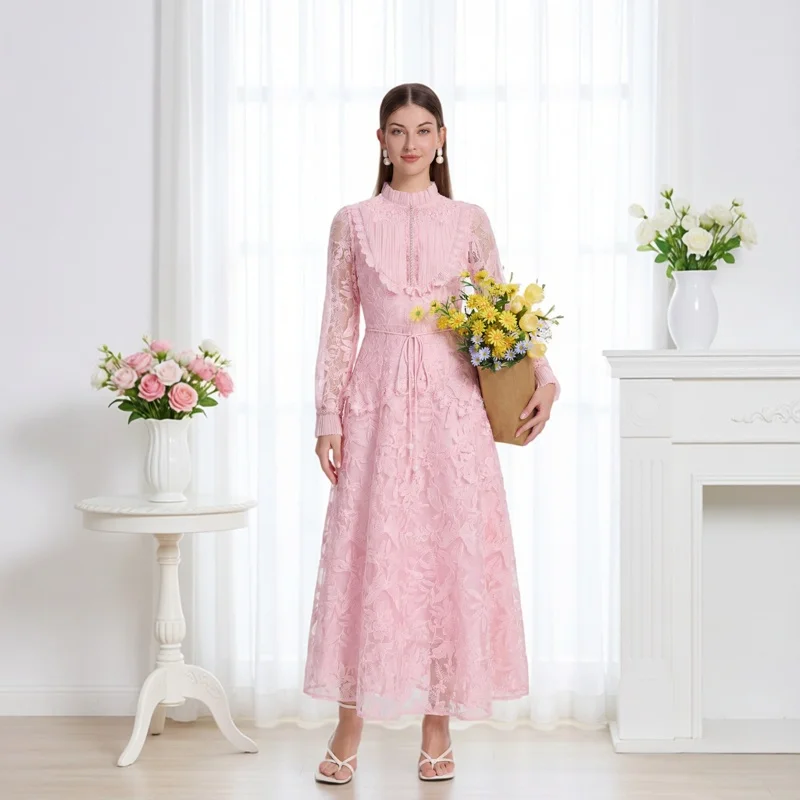 Elegant Pink Embroidered Ultra-Long Lace Dress Women's High Waist A-Line Gown for Show Off-Shoulder Zipper Closure Summer Dress
Elegant Pink Embroidered Ultra-Long Lace Dress Women's High Waist A-Line Gown for Show Off-Shoulder Zipper Closure Summer Dress