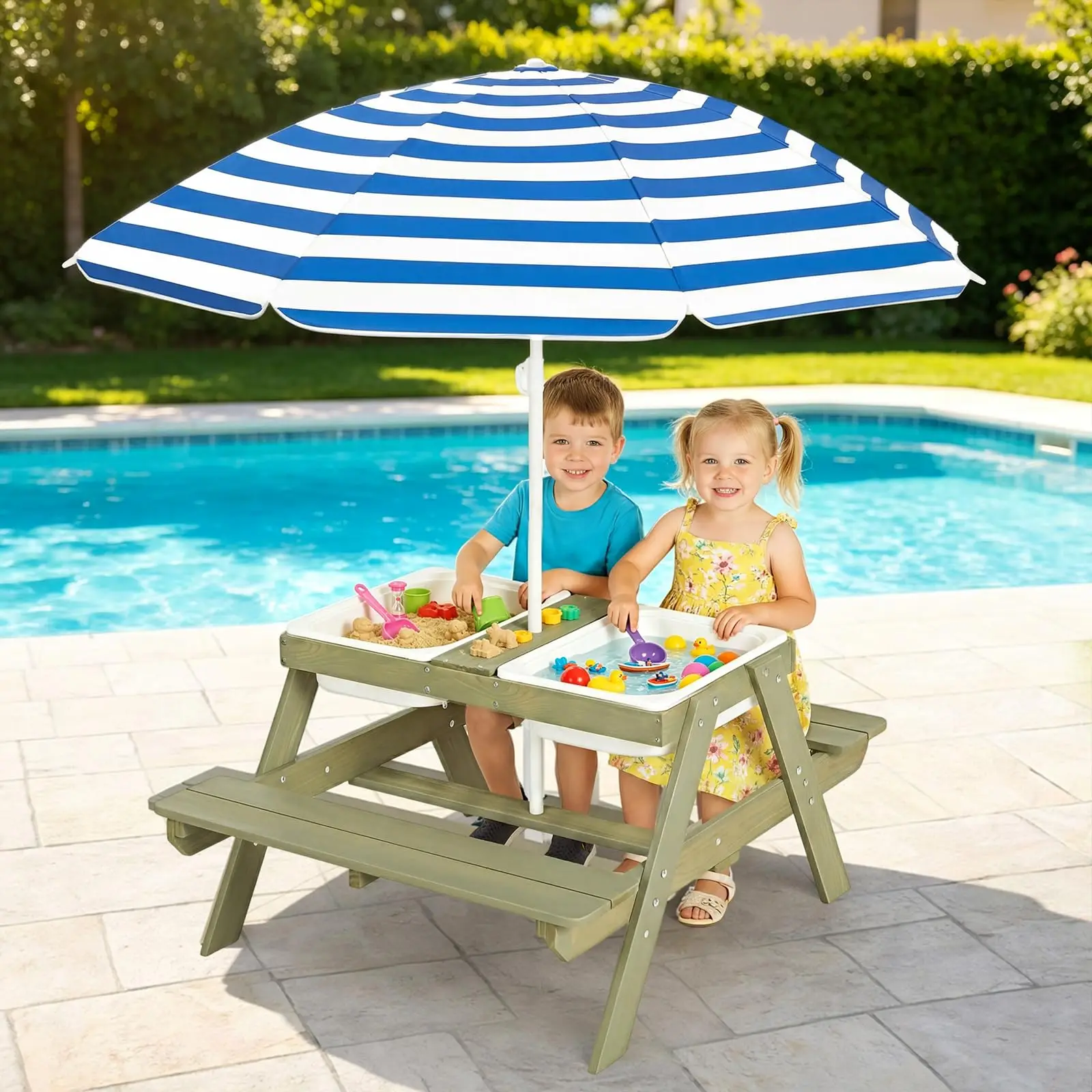Wooden 4-in-1 Picnic Table – Kids Sand & Water Sensory Table with Weatherproof Umbrella, 2 Covered Storage Bins, for Toddlers, B
Wooden 4-in-1 Picnic Table – Kids Sand & Water Sensory Table with Weatherproof Umbrella, 2 Covered Storage Bins, for Toddlers, B