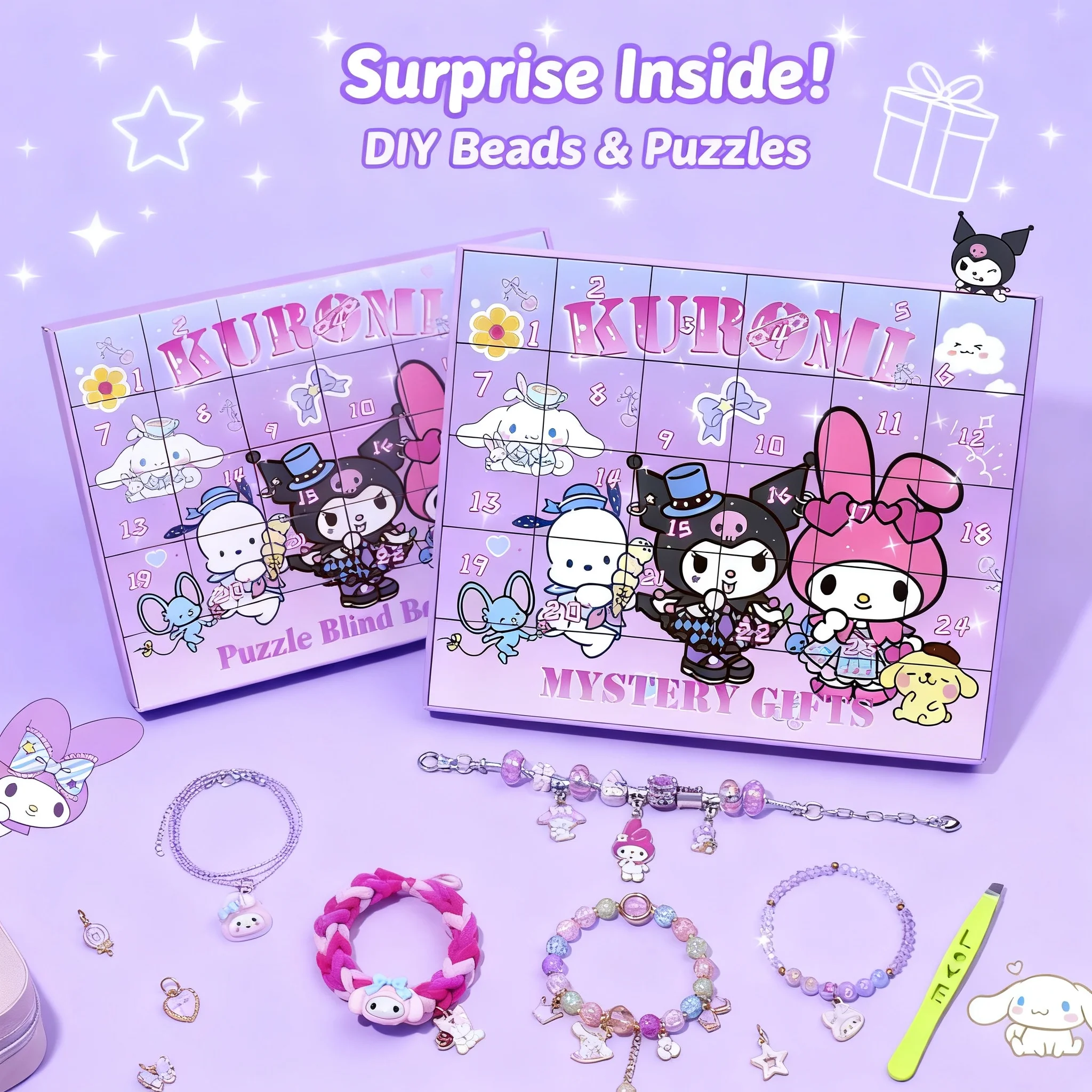 Kuromi Kids Mystery Box Bracelet DIY Beads Puzzle Toy Sanrio Hole Happy Gift Set for Girls
Kuromi Kids Mystery Box Bracelet DIY Beads Puzzle Toy Sanrio Hole Happy Gift Set for Girls