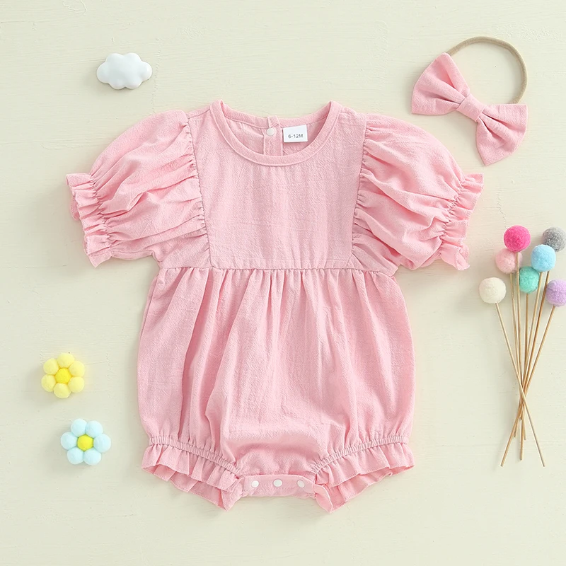 Baby Girl Summer Outfits Short Sleeve Round Neck Solid Color Romper with Headband 2 Pieces Set Newborn Clothes
Baby Girl Summer Outfits Short Sleeve Round Neck Solid Color Romper with Headband 2 Pieces Set Newborn Clothes
