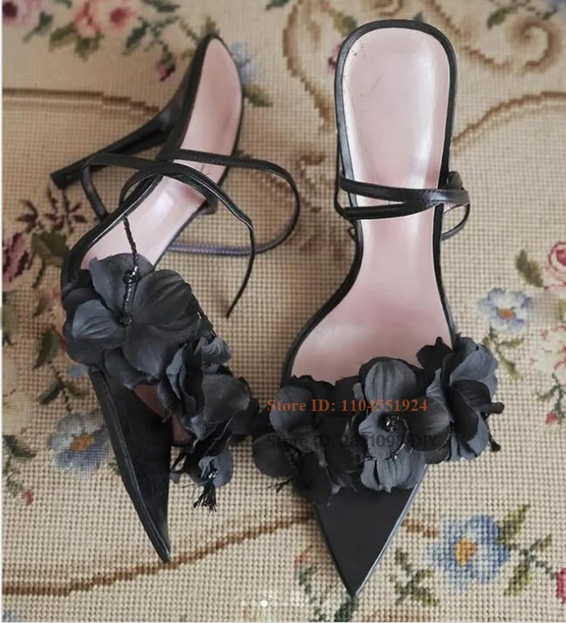 Fashion Pointed Toe Lace Up Black Flower Leather Stilettos Heeled Sandals with Shiny Crystal Summer High Heel Dress Shoes
Fashion Pointed Toe Lace Up Black Flower Leather Stilettos Heeled Sandals with Shiny Crystal Summer High Heel Dress Shoes