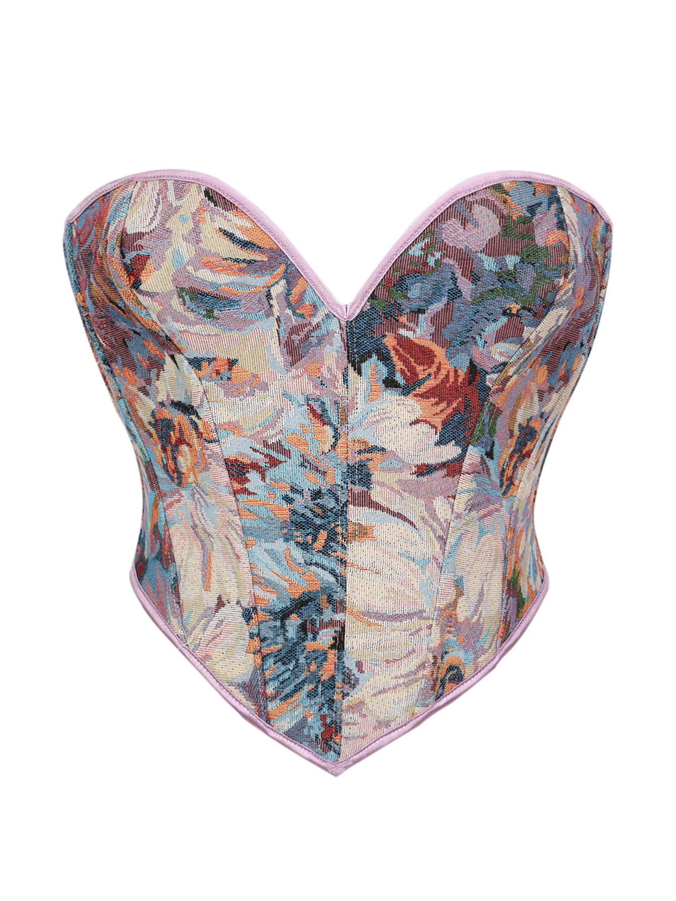 Разноцветный женский корсет без бретелек с принтом кленовых листьев и облегающий тело.
Разноцветный женский корсет без бретелек с принтом кленовых листьев и облегающий тело.