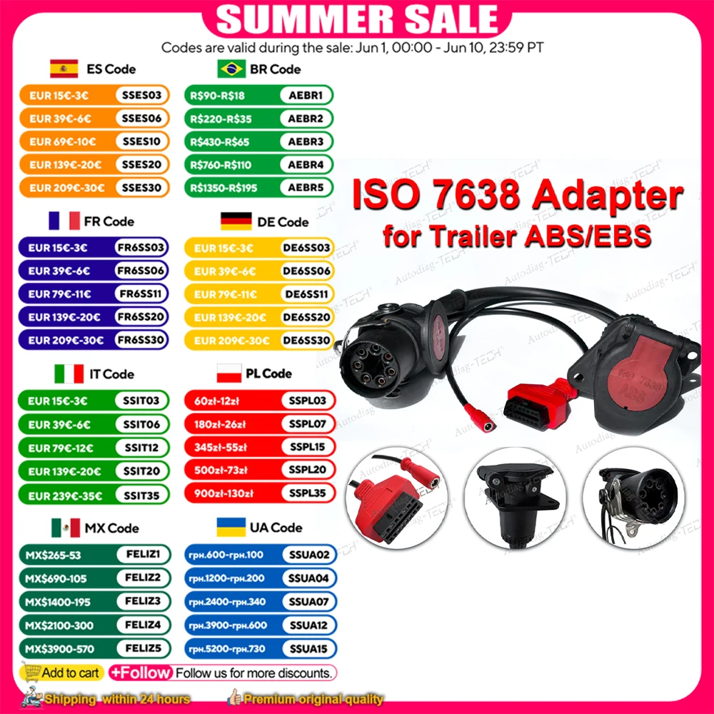 EBS ISO 7638 Trailer ABS OBD Diagnostic Adapter for Bosch/Wabco Truck OBD2 Diagnostic Cable for Autel/Autocom/LUANCH Scanner
EBS ISO 7638 Trailer ABS OBD Diagnostic Adapter for Bosch/Wabco Truck OBD2 Diagnostic Cable for Autel/Autocom/LUANCH Scanner