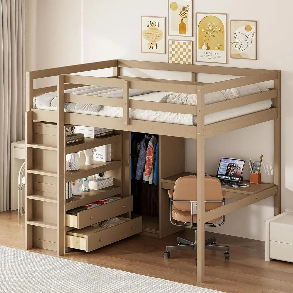 Full-Size Wooden Loft Bed with Desk, Storage Drawers, 3-Tier Shelves, Closet, Ladder, No Box Spring Required, Walnut Finish
Full-Size Wooden Loft Bed with Desk, Storage Drawers, 3-Tier Shelves, Closet, Ladder, No Box Spring Required, Walnut Finish