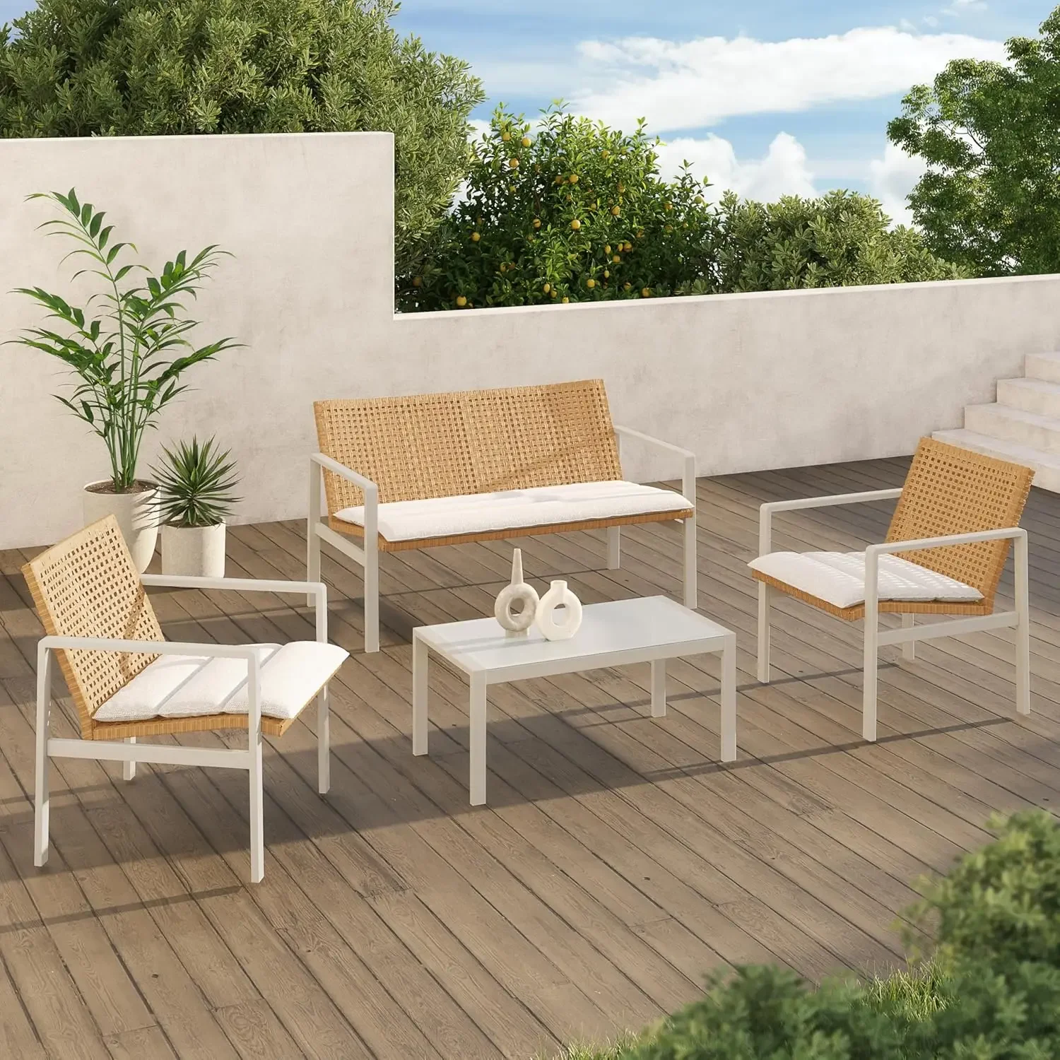 4pc Wicker Patio Set Beige Cushion Loveseat Chairs Glass Coffee Table Outdoor Porch Deck, Custom
4pc Wicker Patio Set Beige Cushion Loveseat Chairs Glass Coffee Table Outdoor Porch Deck, Custom