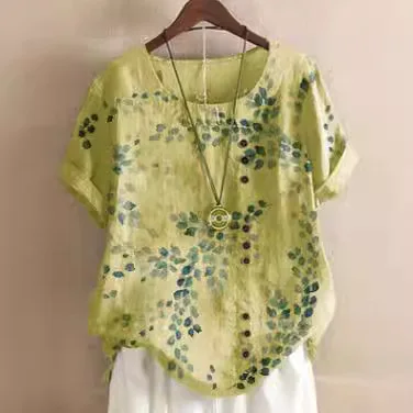 Women's regular cotton and linen natural color printed round neck pullover short-sleeved loose casual women's top T-shirt
Women's regular cotton and linen natural color printed round neck pullover short-sleeved loose casual women's top T-shirt