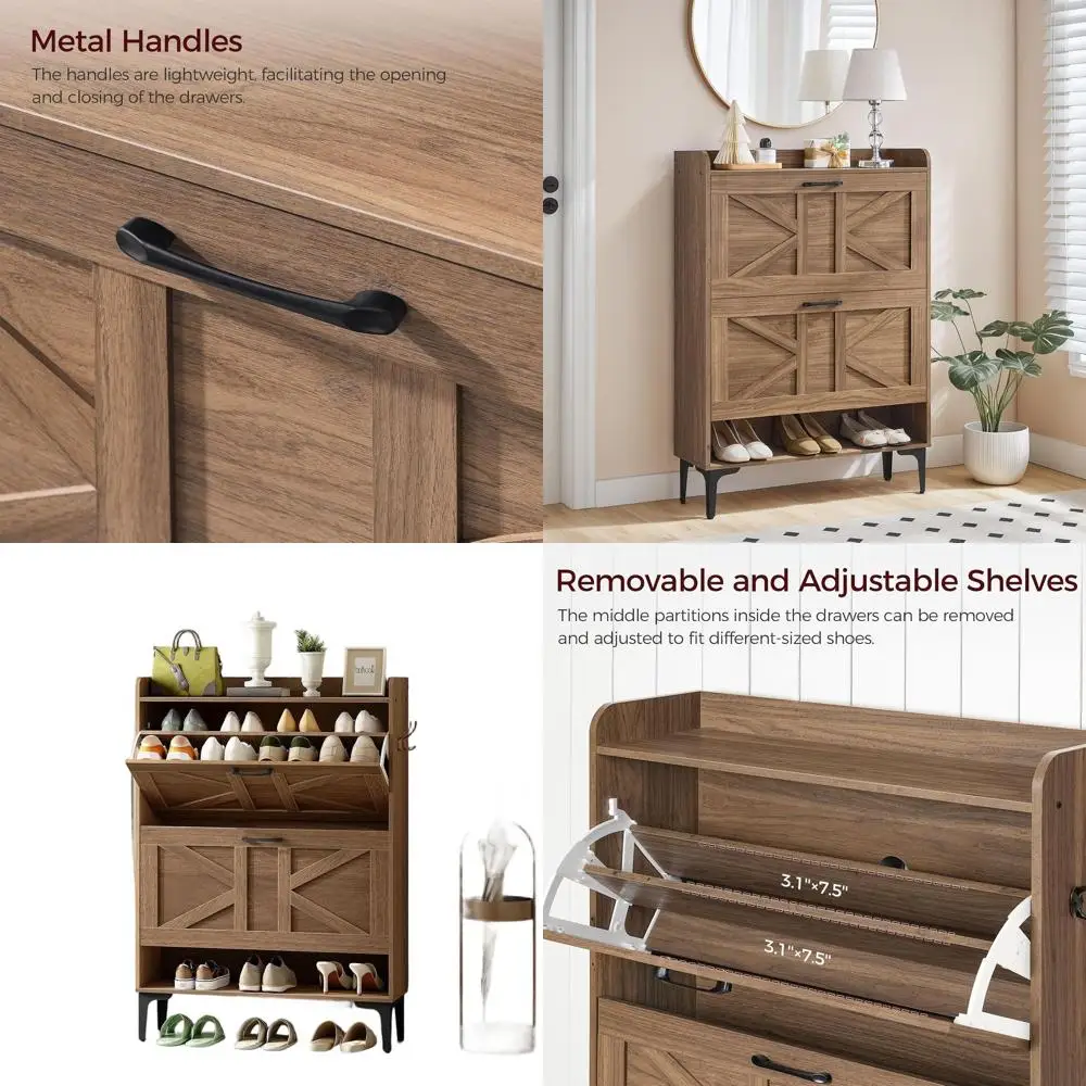 Walnut Shoe Cabinet with 2 Drawers and Open Shelves for Entryway Storage
Walnut Shoe Cabinet with 2 Drawers and Open Shelves for Entryway Storage