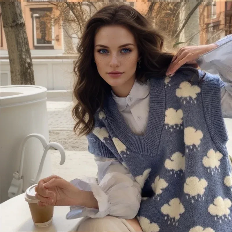 New Jacquard Sweater Blue Small Cloud Sweater Knitted Tank Top V-neck Loose Vest Loose Women 15990
New Jacquard Sweater Blue Small Cloud Sweater Knitted Tank Top V-neck Loose Vest Loose Women 15990