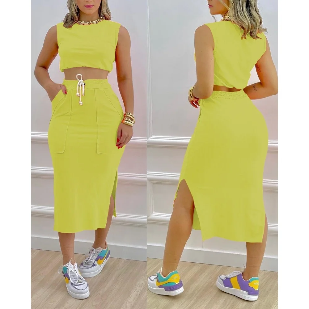 Women Summer Summer Two Pieces Outfits Sleeveless Crop Top & Split Hem Drawstring Skirt Set Female Casual Maxi Skirts Set
Women Summer Summer Two Pieces Outfits Sleeveless Crop Top & Split Hem Drawstring Skirt Set Female Casual Maxi Skirts Set