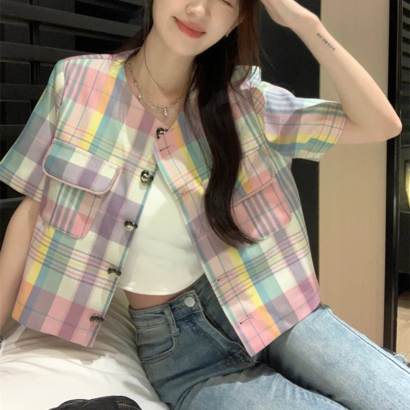 Color Grid Small Fragrant Wind Short Sleeve Coat Round Collar Korea Vintage Casual Sweet Summer Women Jacket New In Outerwear
Color Grid Small Fragrant Wind Short Sleeve Coat Round Collar Korea Vintage Casual Sweet Summer Women Jacket New In Outerwear