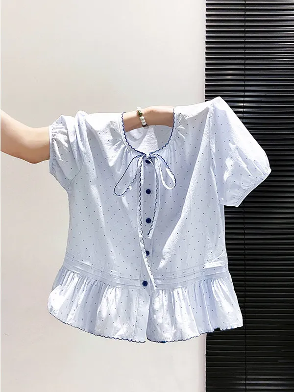 Korean Style Polka Dot Bow Tie Bubble Sleeve Shirt Women's Summer New Sweet And Spicy Style Ruffle Hem Doll Shirt Short Top
Korean Style Polka Dot Bow Tie Bubble Sleeve Shirt Women's Summer New Sweet And Spicy Style Ruffle Hem Doll Shirt Short Top