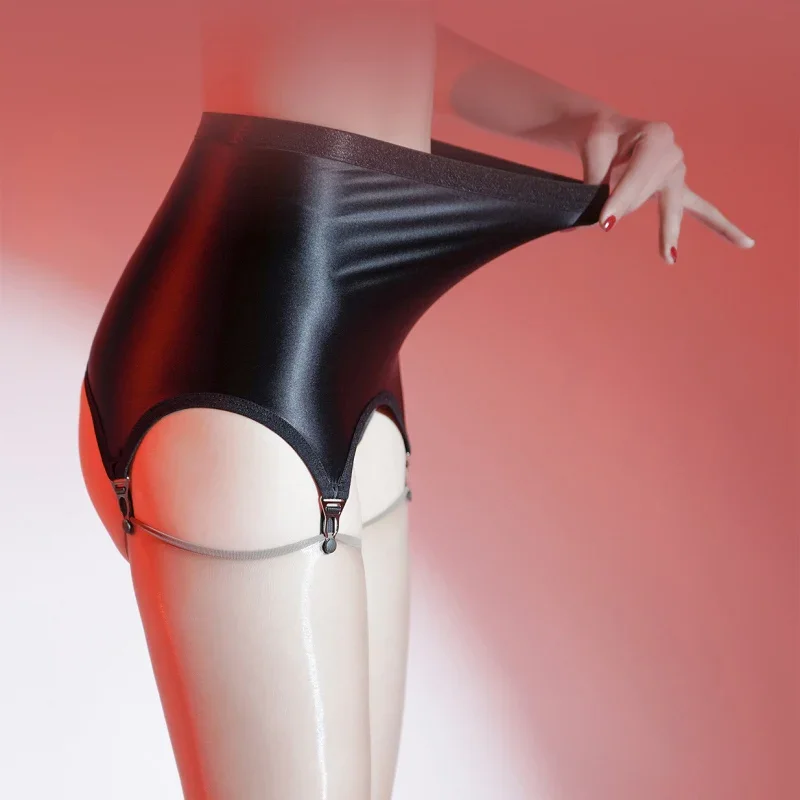 

Oil Glossy Buttocks Skirt Metal Clips Elastic Garter Suspender Belts Black Sexy Women's High Waist Underwear For Stockings Party