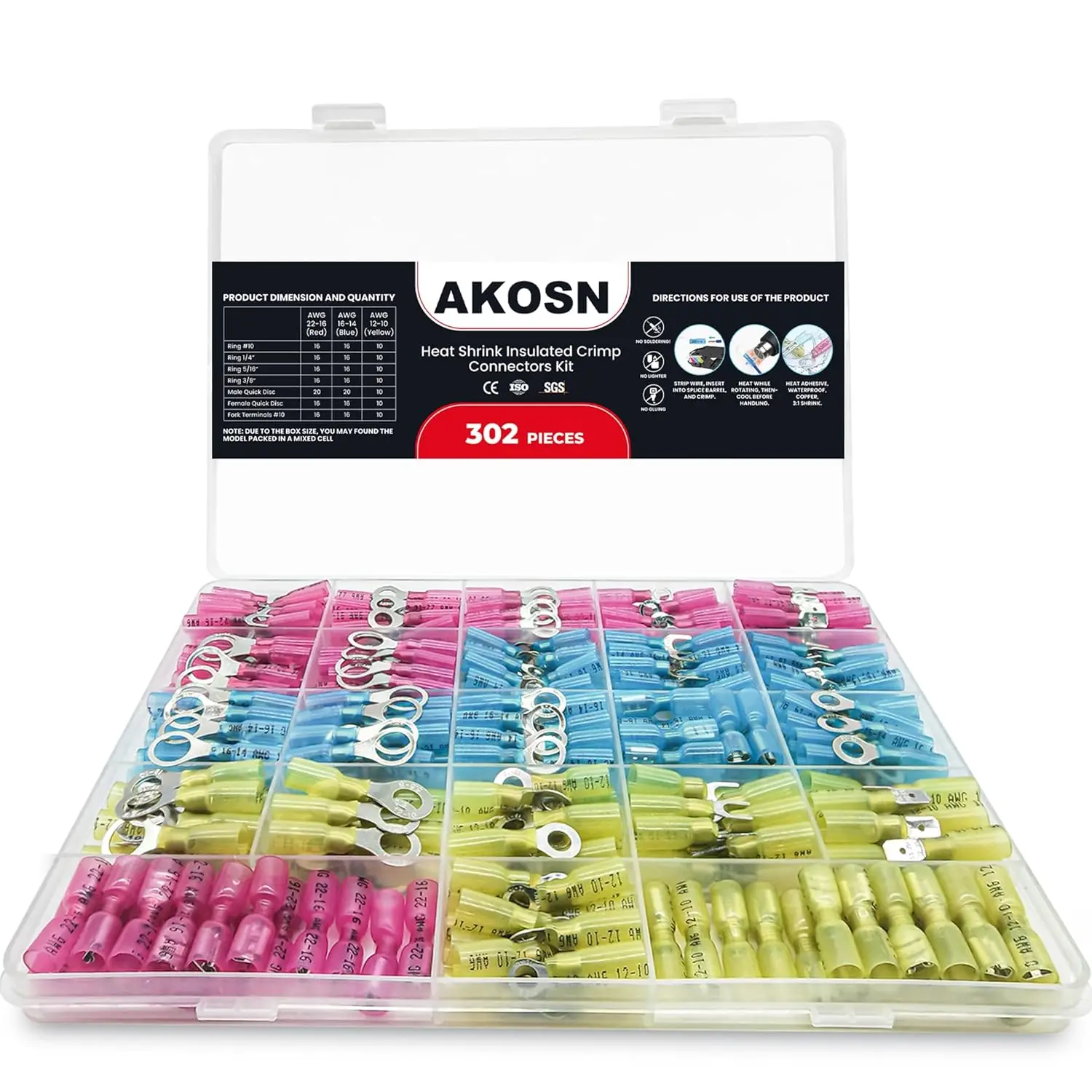 302 Pcs Heat Shrink Wire Connectors Kit - Ring, Fork, Spade, Splices - Waterproof for Marine & Automotive - 21 Sizes, 16-14 22-18 12-10 Gauge
302 Pcs Heat Shrink Wire Connectors Kit - Ring, Fork, Spade, Splices - Waterproof for Marine & Automotive - 21 Sizes, 16-14 22-18 12-10 Gauge