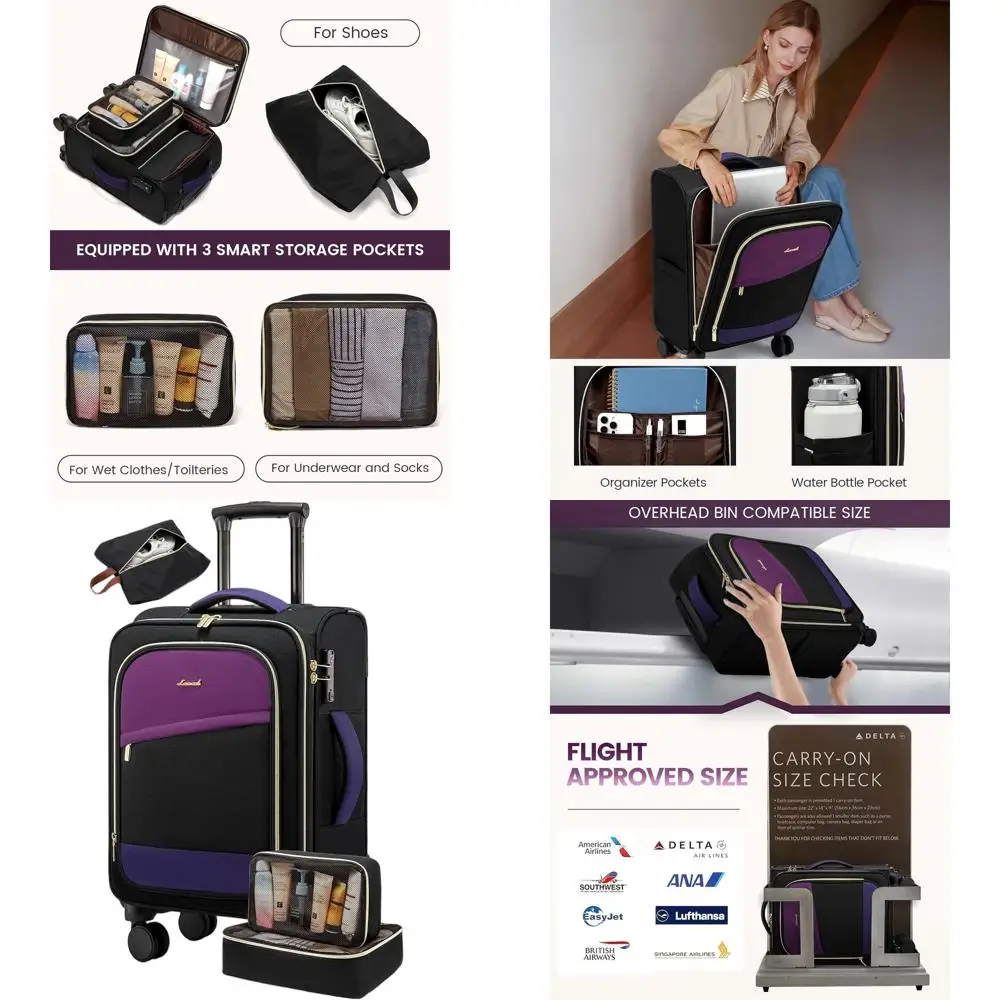 4-Piece Set of 22x14x9 Inch Airline Approved Softside Carry-On Luggage with Wheels and TSA Lock for Weekend Travel
4-Piece Set of 22x14x9 Inch Airline Approved Softside Carry-On Luggage with Wheels and TSA Lock for Weekend Travel