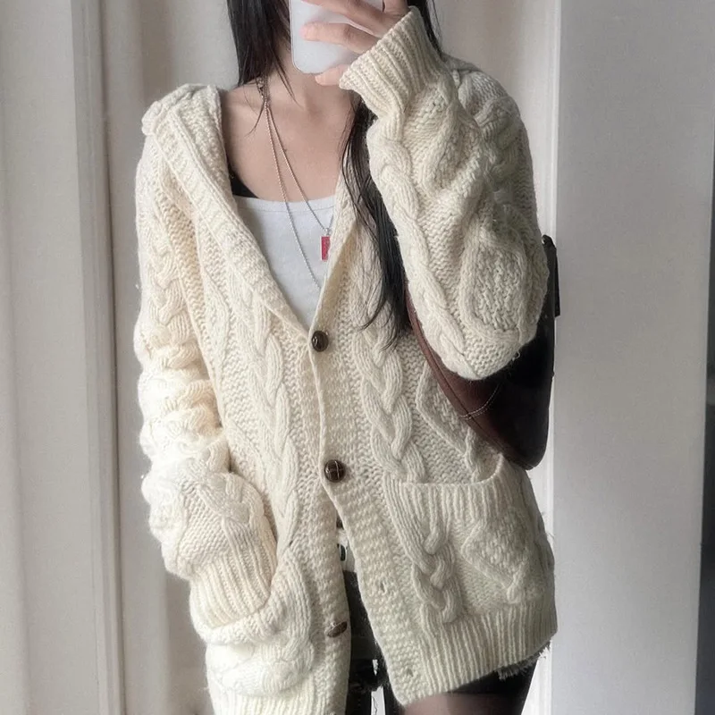 Korean Design Thickened Knitted Twist Sweater Women Winter Loose Lazy Style Drawstring Hat Coat Female Fashion Outerwear
Korean Design Thickened Knitted Twist Sweater Women Winter Loose Lazy Style Drawstring Hat Coat Female Fashion Outerwear
