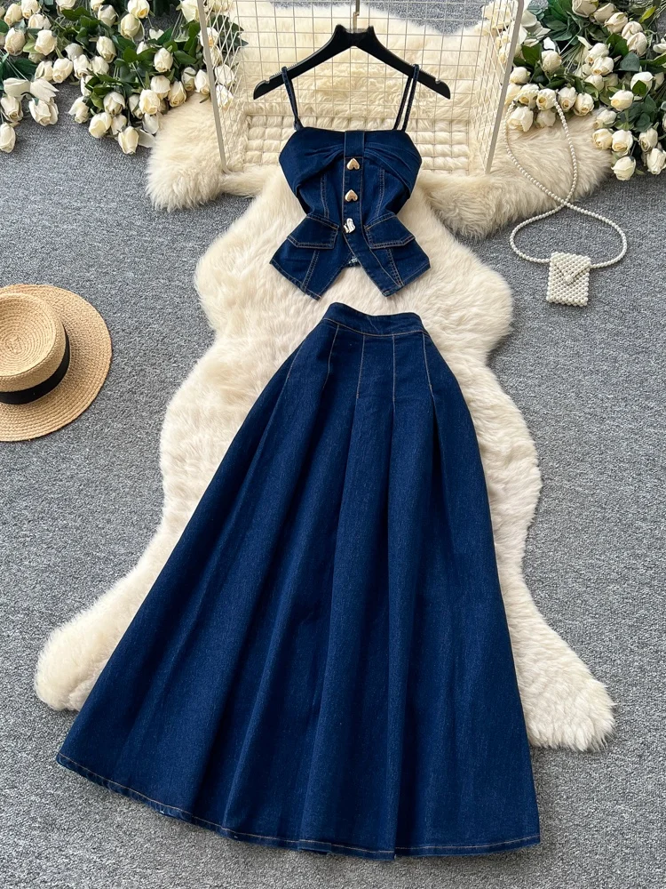 Anti-Aging Denim Set Women Summer Sleeveless High Waist Skirt Two-Piece Suit Casual Commute Style Medium Thickness Leather
Anti-Aging Denim Set Women Summer Sleeveless High Waist Skirt Two-Piece Suit Casual Commute Style Medium Thickness Leather