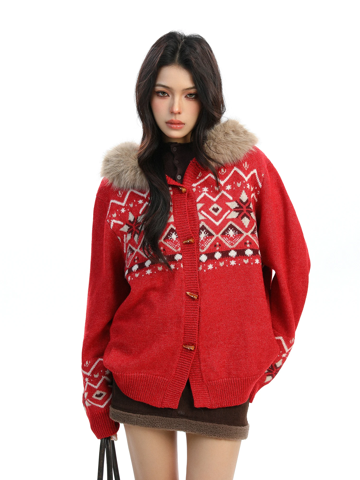 Red Fair Isle Button Knitwear Women's Autumn Winter Removable Fur Collar Warm Knitted Top Ins Sle Loose Fit Long Sve
Red Fair Isle Button Knitwear Women's Autumn Winter Removable Fur Collar Warm Knitted Top Ins Sle Loose Fit Long Sve