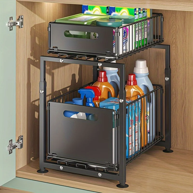 Black Kitchen and Bathroom Iron Cabinet Storage Rack, Height-Adjustable, 2-Layer Under-Sink Storage Rack with Pull-Out Metal Dra
Black Kitchen and Bathroom Iron Cabinet Storage Rack, Height-Adjustable, 2-Layer Under-Sink Storage Rack with Pull-Out Metal Dra