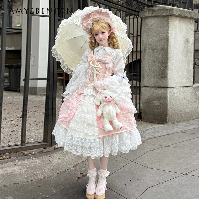 2025 Summer Autumn New Women's White Doll Collar Long Sleeve Shirt Pink Bow Lolita Strap Dress with Trailing Set
2025 Summer Autumn New Women's White Doll Collar Long Sleeve Shirt Pink Bow Lolita Strap Dress with Trailing Set