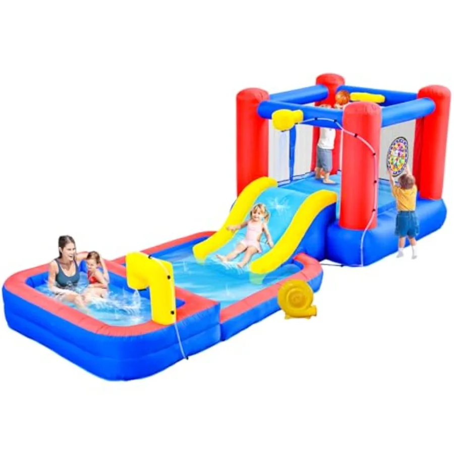 2 in 1 inflatable water slide bouncy castle for outdoor use, PVC material, blue and red, includes blower, sprayers, deep pool,
2 in 1 inflatable water slide bouncy castle for outdoor use, PVC material, blue and red, includes blower, sprayers, deep pool,
