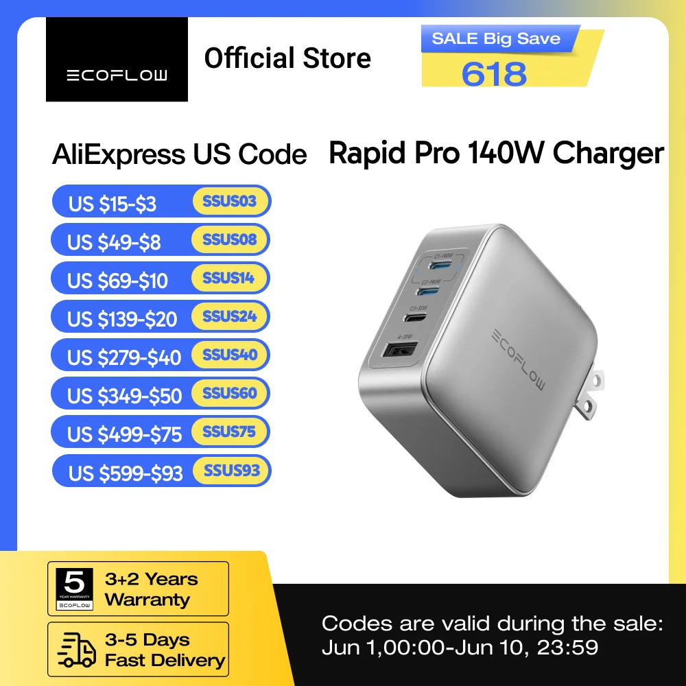 ECOFLOW Rapid Pro Charger (140W 4 Ports) 140W (Max) USB-C 4-in-1 Charger
ECOFLOW Rapid Pro Charger (140W 4 Ports) 140W (Max) USB-C 4-in-1 Charger