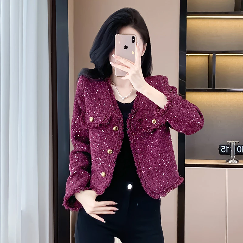 Spring Women Single Breasted Slim Short Jacket High Quality Fashion Tassel Thicken Cotton-padded Purple Red Tweed Jacket Autumn
Spring Women Single Breasted Slim Short Jacket High Quality Fashion Tassel Thicken Cotton-padded Purple Red Tweed Jacket Autumn