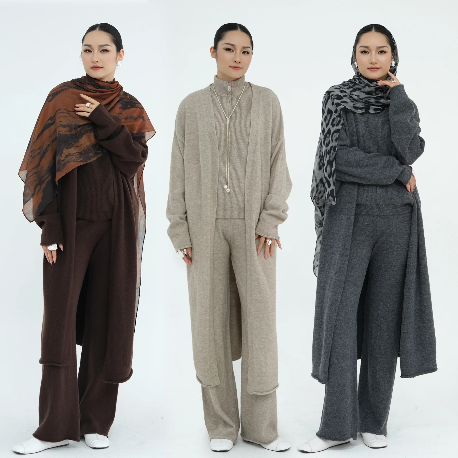 Winter Warm Fitted Knitwear Muslim Women Suits: Half Zip Mock Neck Pullover Ribbed Knit Sweater Vest+Drop Shoulder Abaya+Pants
Winter Warm Fitted Knitwear Muslim Women Suits: Half Zip Mock Neck Pullover Ribbed Knit Sweater Vest+Drop Shoulder Abaya+Pants