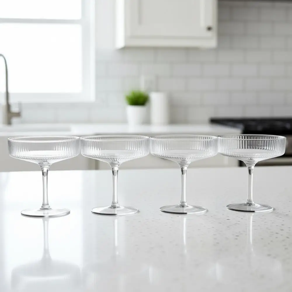 Vintage Art Deco Smoke Black Coupe Glasses Set of 4, 7 oz Ribbed Cocktail Glassware for Champagne, Cosmopolitan.
Vintage Art Deco Smoke Black Coupe Glasses Set of 4, 7 oz Ribbed Cocktail Glassware for Champagne, Cosmopolitan.